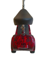 Red patterned 3-wheel electric mobility scooter with black seat and front basket