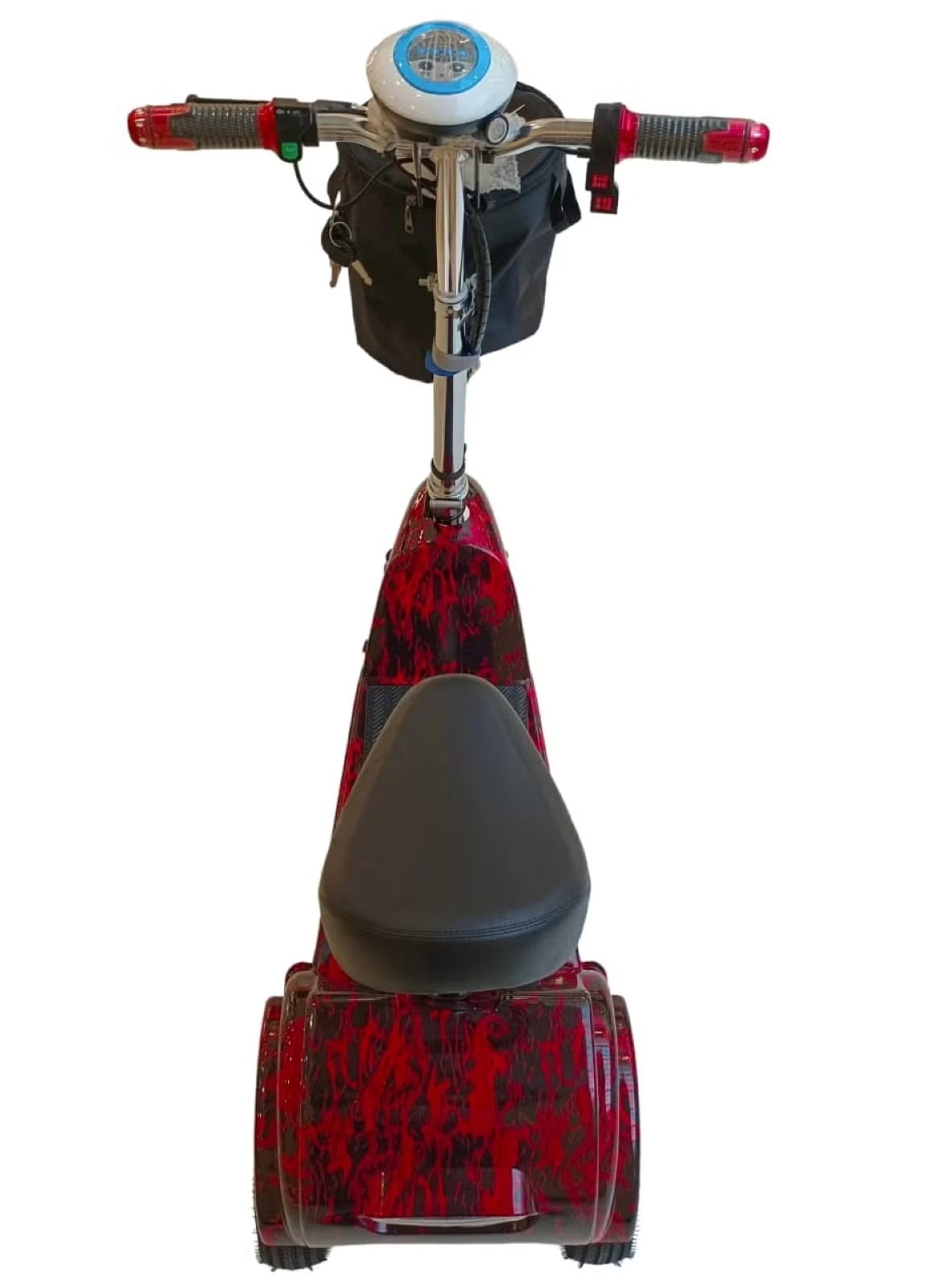 Winner Sky convenience scooter online featuring a red electric scooter with a seat and handlebar storage bag