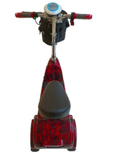 Red patterned 3-wheel electric mobility scooter with black front seat pad