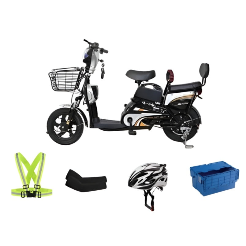 Winner Sky electric scooter with basket and accessories including helmet and safety vest featuring Winner Sky e-bike 16 inch tires