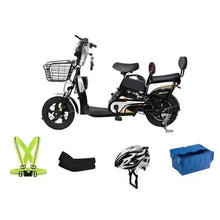 Black electric scooter with front basket, rear light, and included accessory parts