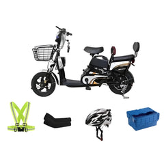 Winner Sky electric scooter with basket and accessories including helmet and safety vest featuring Winner Sky e-bike 16 inch tires
