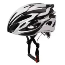 Black and white bike helmet with chin strap