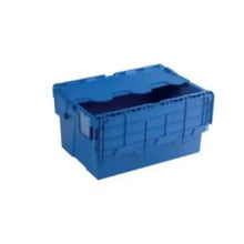 Blue plastic storage crate with open top