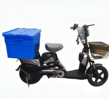 Black e-scooter with blue cargo box and front basket