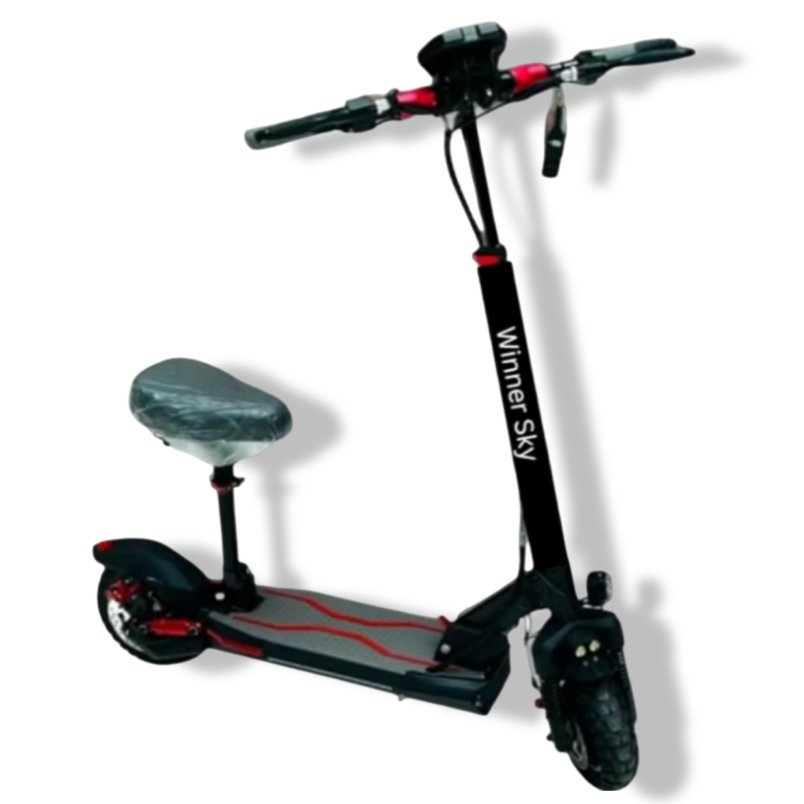 Winner Sky E10 electric scooter black with seat, red accents, and wide tires for smooth urban riding