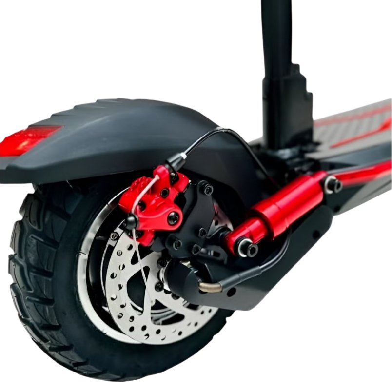 Close-up of rear wheel and brake system of Winner Sky E10 electric scooter in red and black
