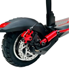 Close-up of rear wheel and brake system of Winner Sky E10 electric scooter in red and black