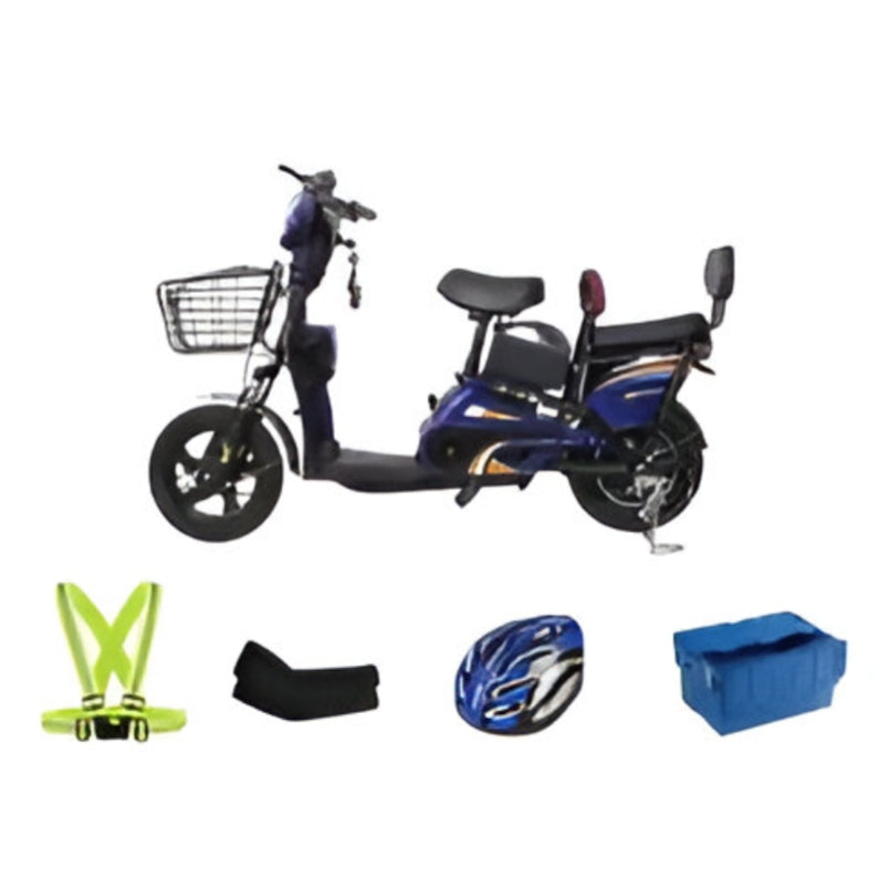 Winner sky electric grocery bike in blue with front basket, safety gear, helmet, and blue storage bag