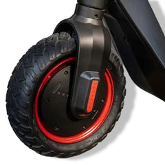 Close-up of Winner Sky electric scooter 25 kmh front wheel with black tire and red rim
