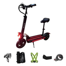 Folding electric scooter with seat, red frame, front headlight and handlebar control