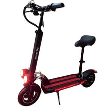 Folding electric scooter with seat, red frame, front headlight and black handlebar