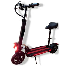Electric commuter scooter with seat, black handlebars and maroon deck, rear lights on