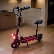 Electric commuter scooter with seat, maroon frame, black seat and handlebars, LED deck lights