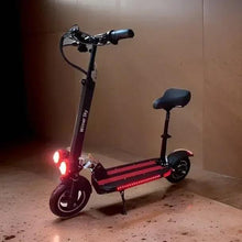 Electric commuter scooter with seat, maroon deck, black seat, kickstand down, LED lights