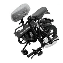 Black foldable e-bike with front storage case and handlebar controls