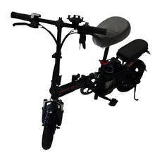 Compact black e-bike with padded seat, front headlight, and foldable frame