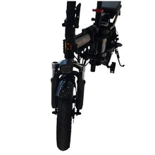 Black e-bike front wheel with fender and headlight, folded kickstand area