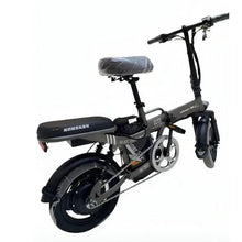 Foldable electric bike side view with gray seat, chain guard, and compact wheels