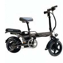 Foldable electric bike three-quarter view with black frame and gray saddle