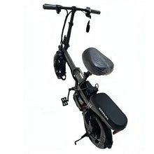 Foldable electric bike angled view with handlebars, gray rear seat, and covers