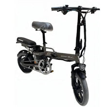 Foldable electric bike with black frame, front fork, and gray seat