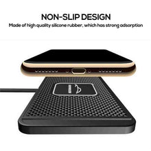 Black non-slip wireless car charger with textured grip base and charging pad