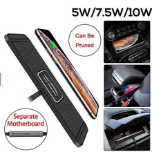 Black wireless car charger with charging surface, smartphone, and USB power cable
