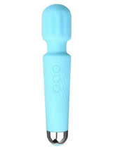 Cordless handheld massager, light blue body with vibration buttons and black charging pins