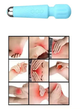 Cordless handheld massager with light blue grip and black charging base, shown side view