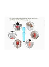 Cordless handheld massager with light blue body, vibration buttons, and black charging base