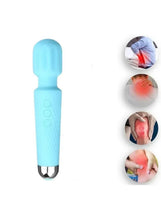 Cordless handheld massager with light blue handle, three buttons, and black charging pins