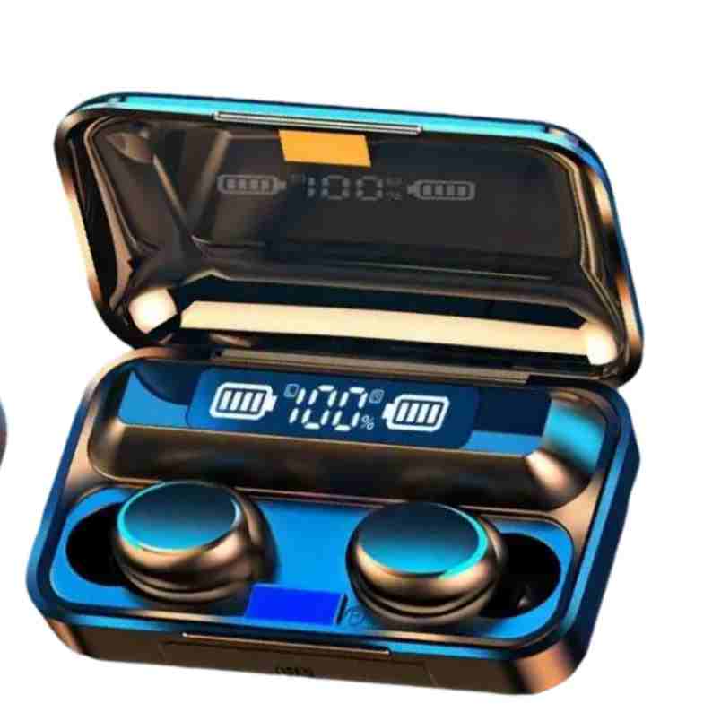 Huitich wireless earbuds with powerbank in black and blue with digital battery display open case