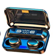 Wireless earbuds charging case with digital display, two earbuds in open case