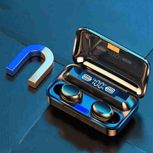 Wireless earbuds charging case with two earbuds, one earbud beside the case