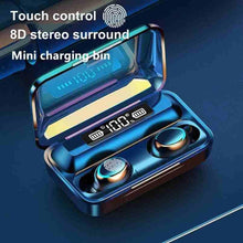 Wireless earbuds charging case with digital display and two earbuds in blue case