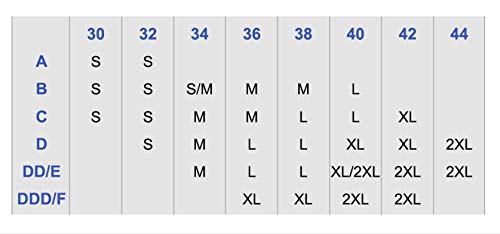 Wireless maternity bra for women size chart showing cup and band size conversions from 30A to 44DDD