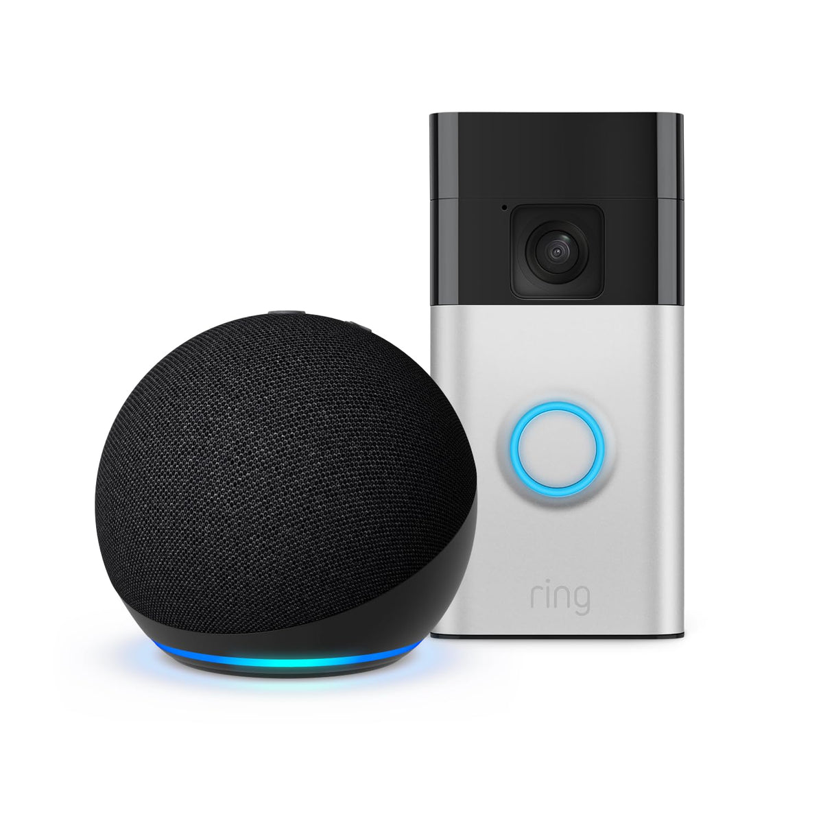 Wireless video doorbell with smart speaker featuring a black smart speaker and a silver camera doorbell with blue ring light