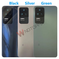 Three Xiaomi Poco F4 back cover replacement panels in black silver and green showing camera module