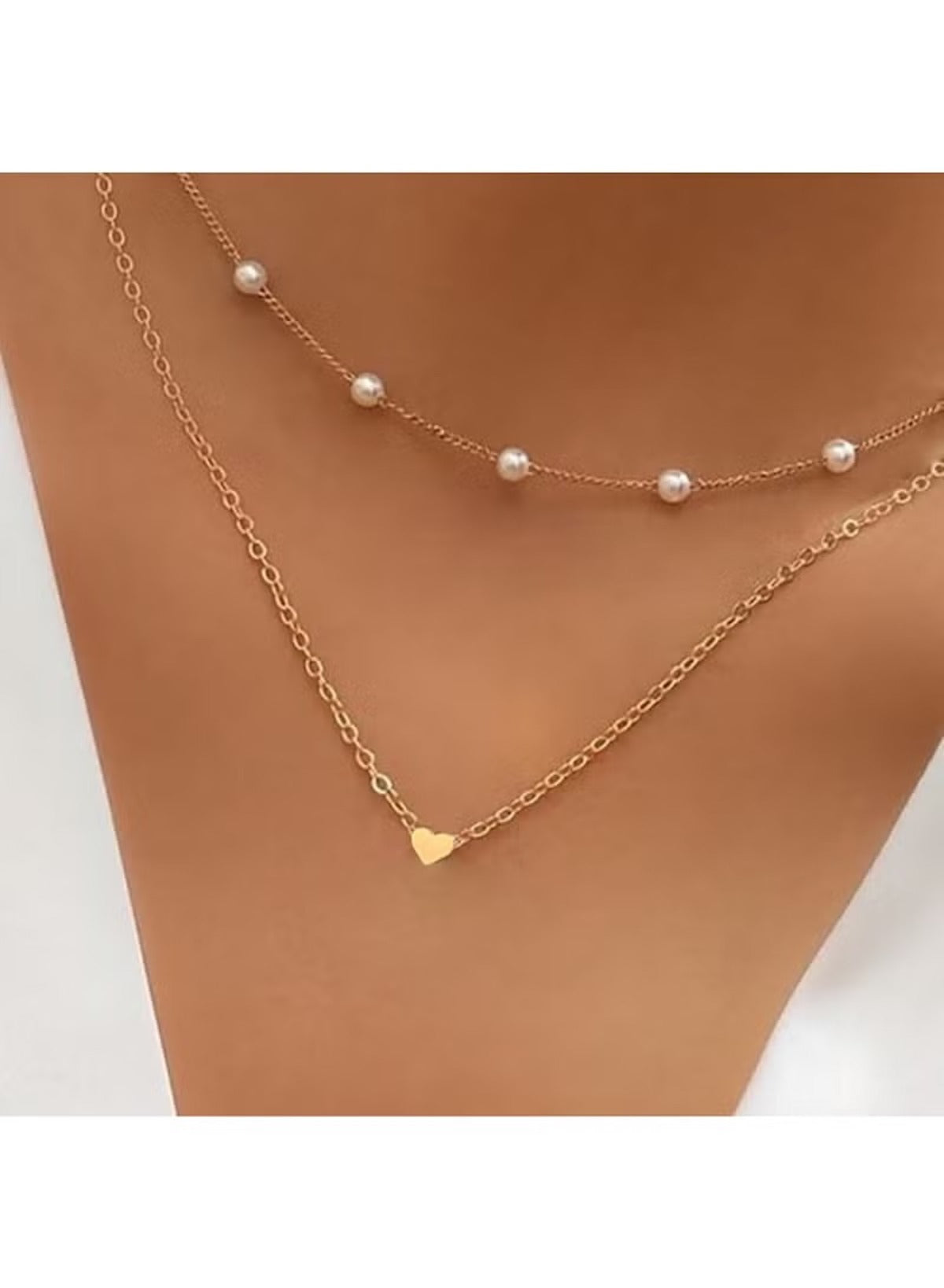 Huitich double layer gold necklace for women featuring a heart pendant and pearl accents