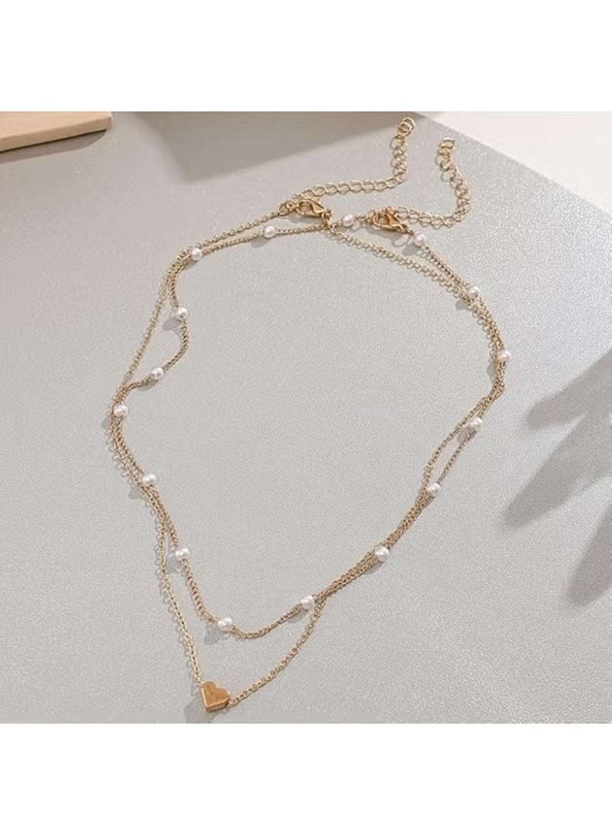 Huitich double layer gold necklace for women with white beads and heart pendant