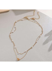 Huitich double layer gold necklace for women with white beads and heart pendant