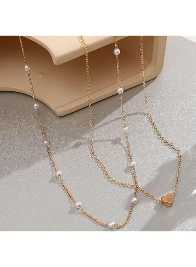 Huitich double layer gold necklace for women featuring pearls and heart charm for elegant style