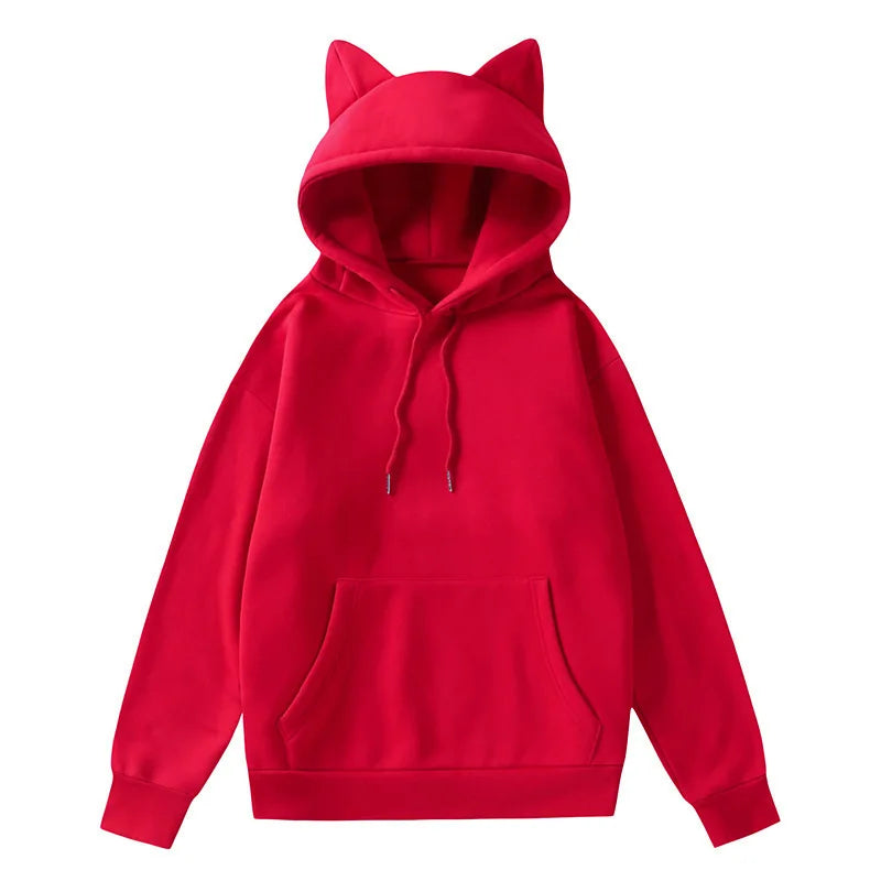 Red women's cat ear hoodie UAE with a cozy design and front pocket for casual wear