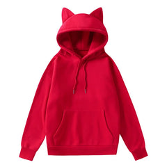 Red women's cat ear hoodie UAE with a cozy design and front pocket for casual wear