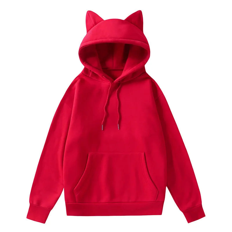 Red women's cat ear hoodie UAE with a cozy fit and front pocket for playful style