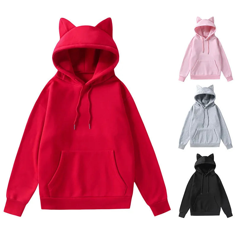 Mumzar women's cat ear hoodie UAE in red, pink, grey, and black with a cozy design and front pocket