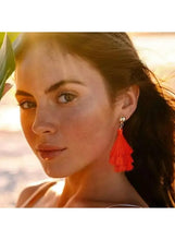 Red tassel drop earring with gold-tone hoop backing