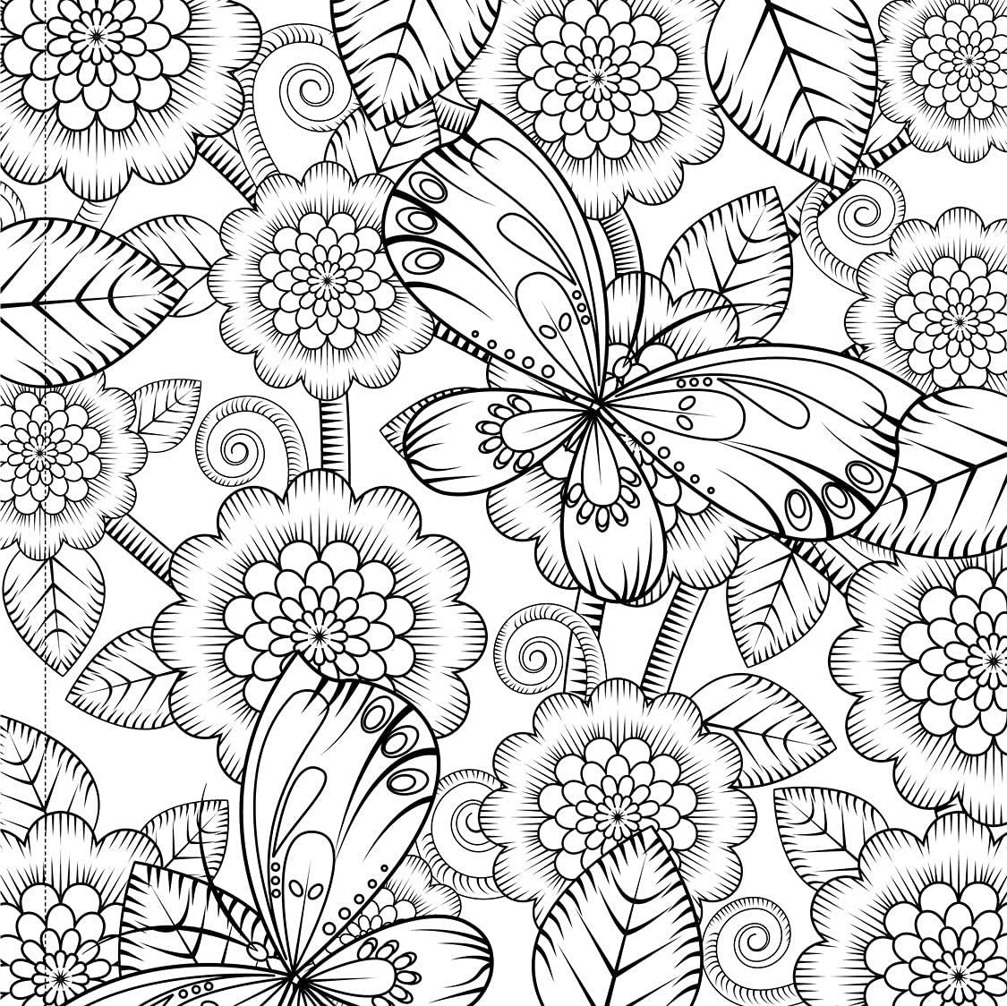 Black and white floral and butterfly design page from an adult coloring book with tear out pages by Mumzar