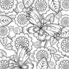 Black and white floral and butterfly design page from an adult coloring book with tear out pages by Mumzar